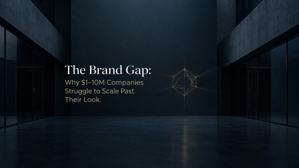 Dark architectural illustration of a gap between two structures, representing the brand gap that stops $1–10M companies from scaling